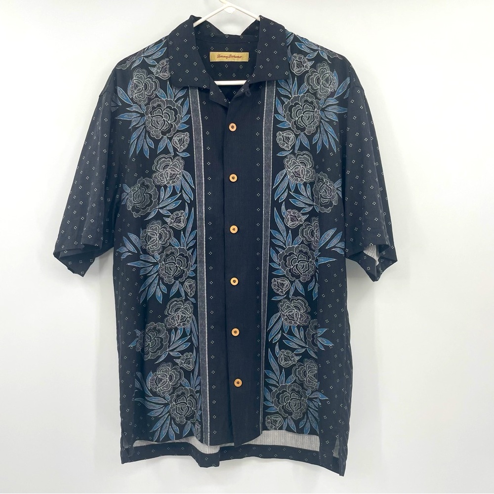 Tommy Bahama 100% Silk Shirt Button Down Short Sleeve Blue & White Sz Large